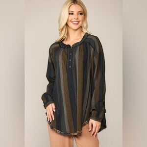 GiGiO Multi Striped Henley Neck Button Down Top with Rounded Hem